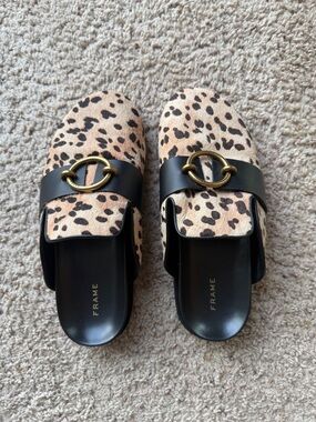 Frame Leopard Pony Hair Slide Mules with Black Strap